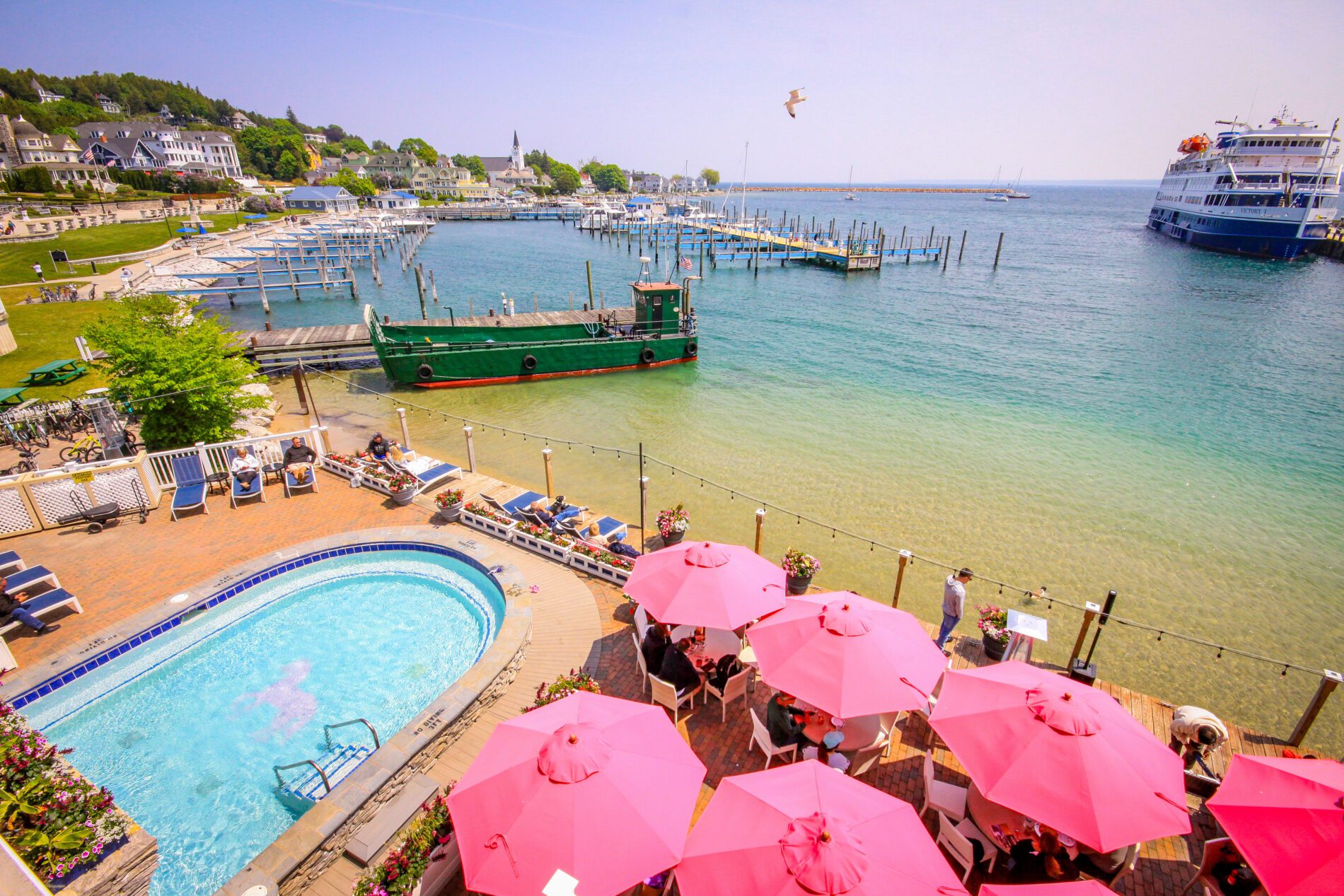 Pink Pony Patio Harborview looking towards the marina with a cruise ship